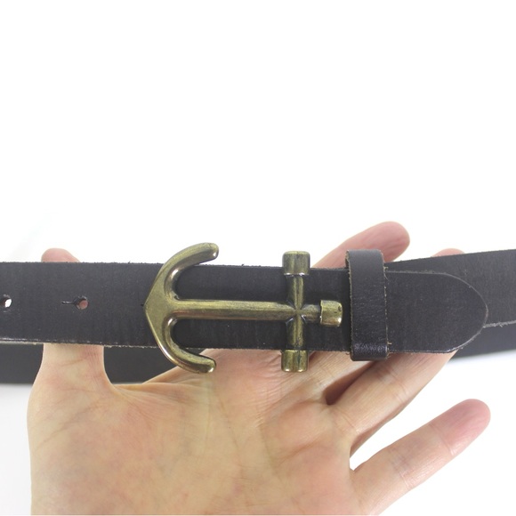 Dark Brown Leather Dress Belt Gold Brass Anchor Buckle Mens Unisex Nautical Boat - Picture 4 of 7
